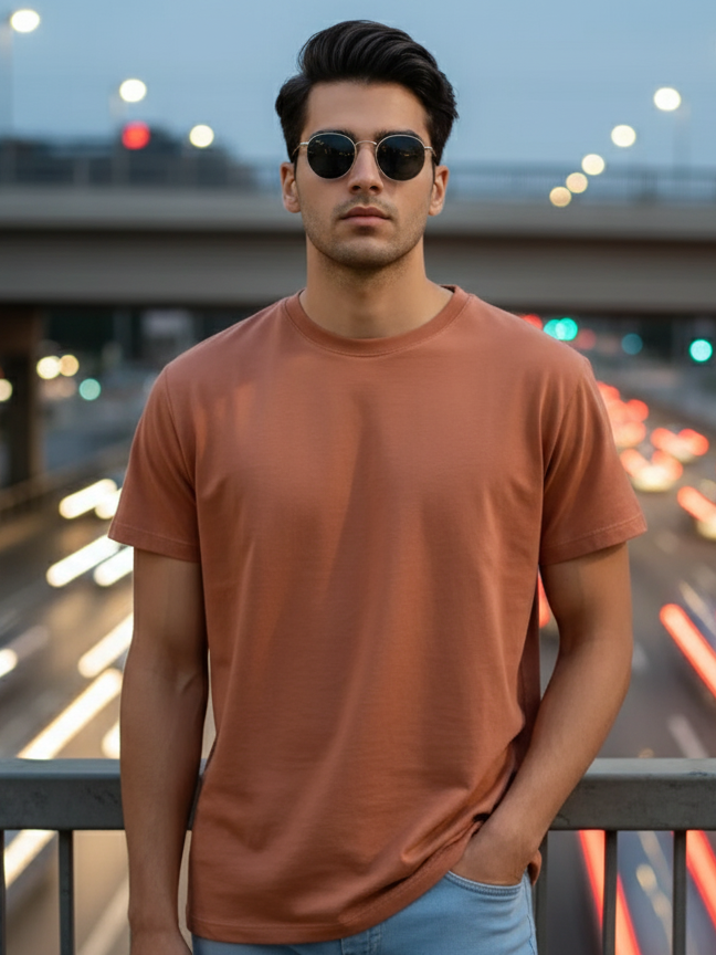 Men's Coffee Brown Round Neck Half Sleeve Plain T-shirt