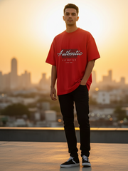 Unisex Red Round Neck Half Sleeve Authentic Oversized T-shirt