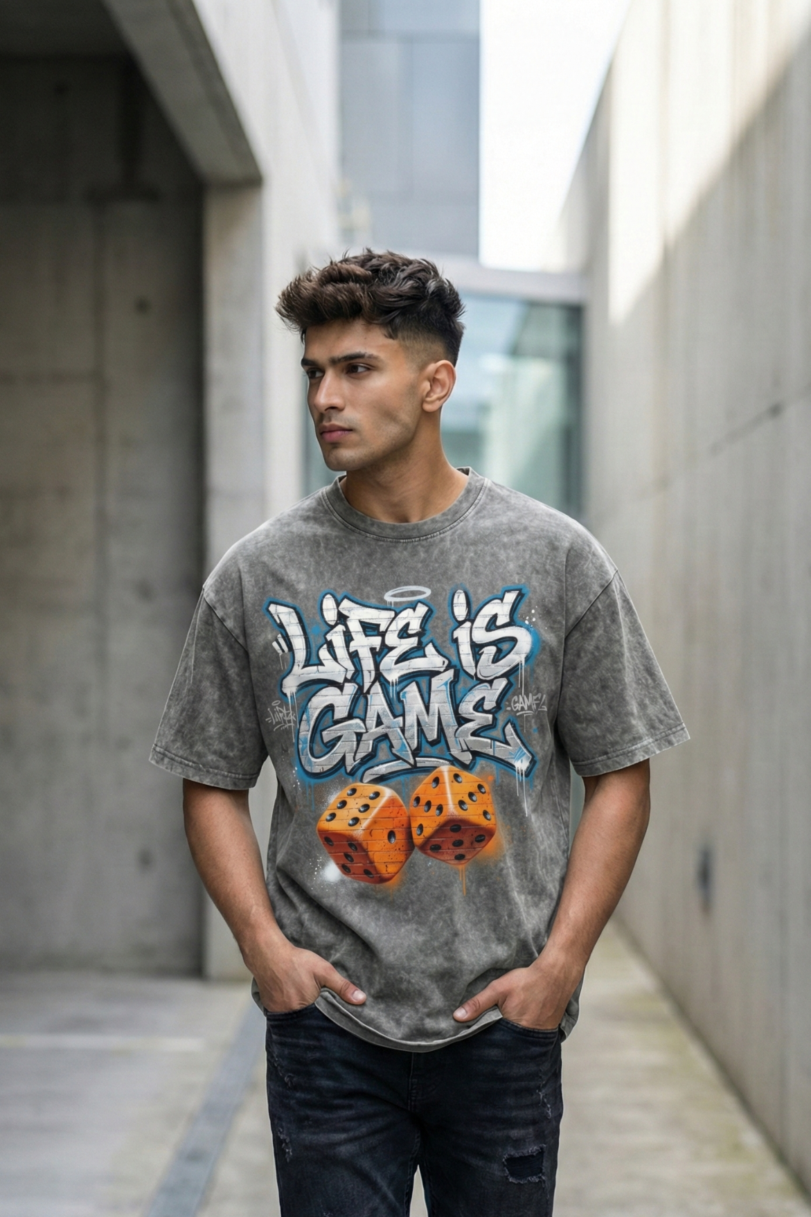 Men's Life Is Game Oversized Acid Wash Black T-Shirt
