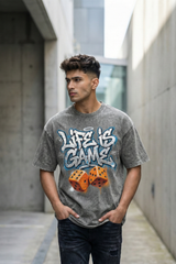 Men's Life Is Game Oversized Acid Wash Black T-Shirt