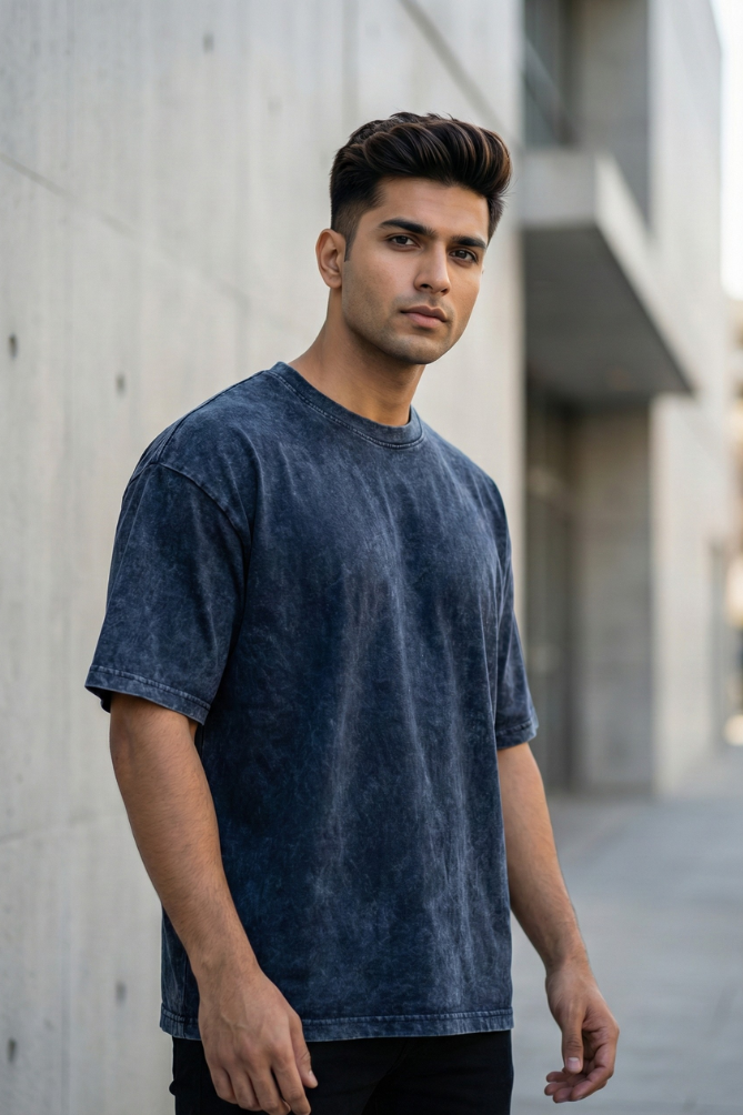 Men's Acid Washed Oversized Navy Blue Tee