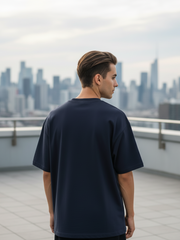 Unisex Navy Blue Think Typography Terry Cotton Oversized T-shirt