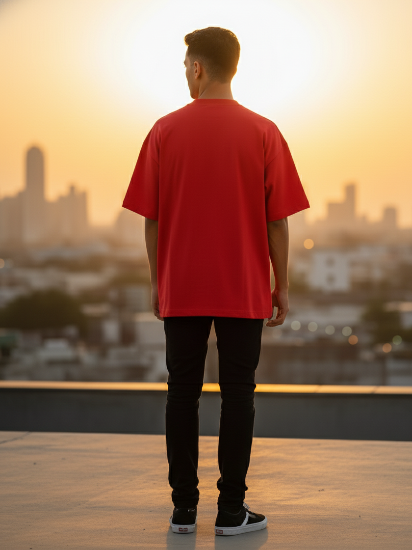 Unisex Red Round Neck Half Sleeve Authentic Oversized T-shirt