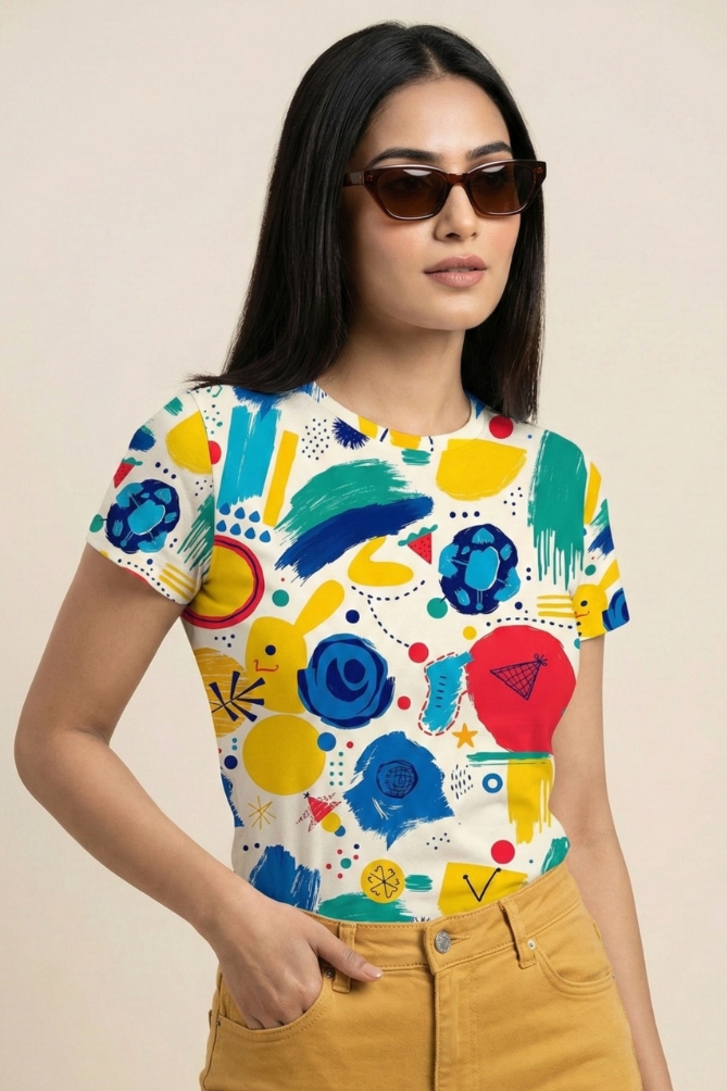 Women’s Colorful Abstract Doodle All-Over Print (AOP) T-Shirt