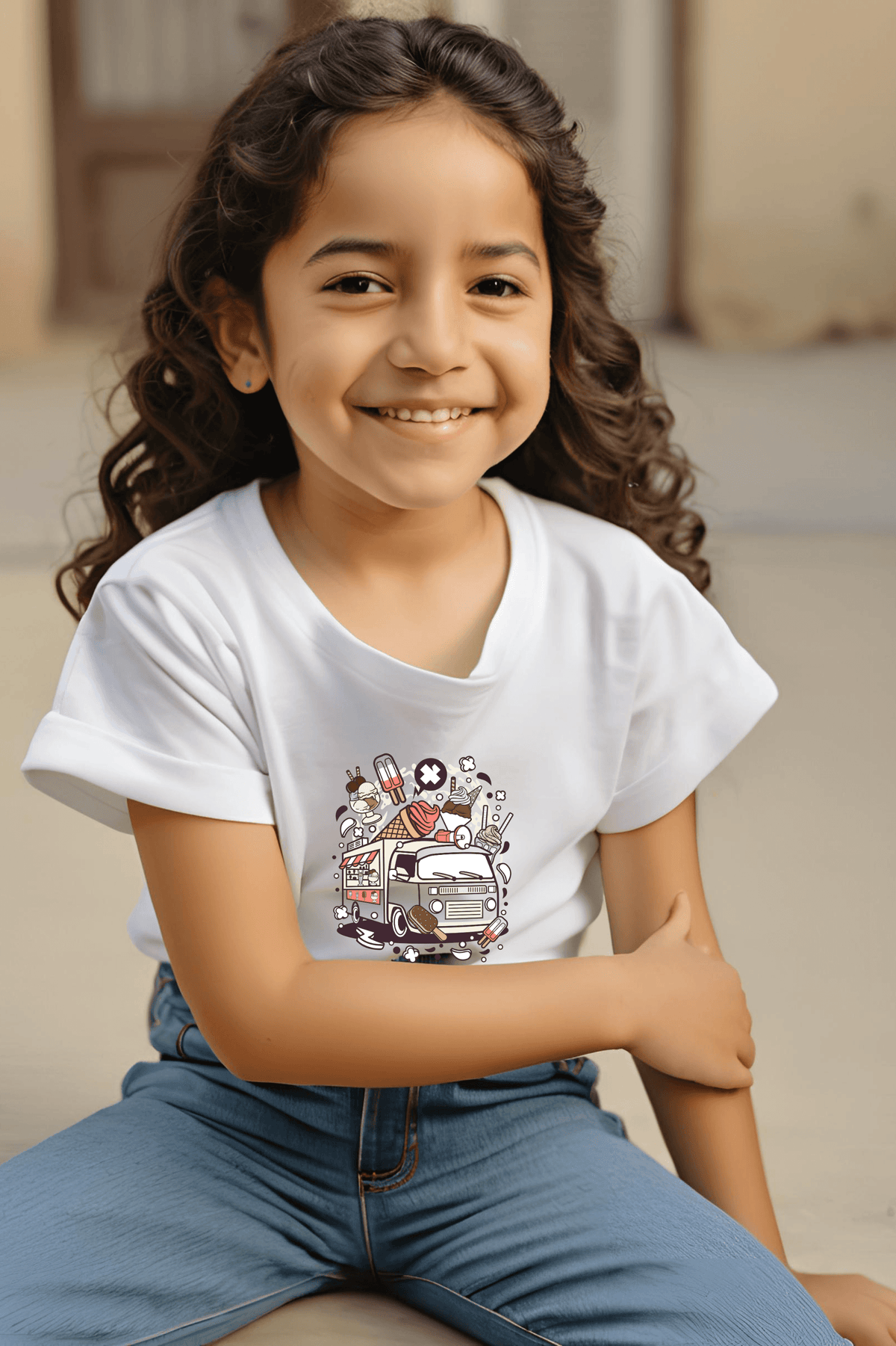 Girls Round Neck Half Sleeve Ice-cream van T-shirt