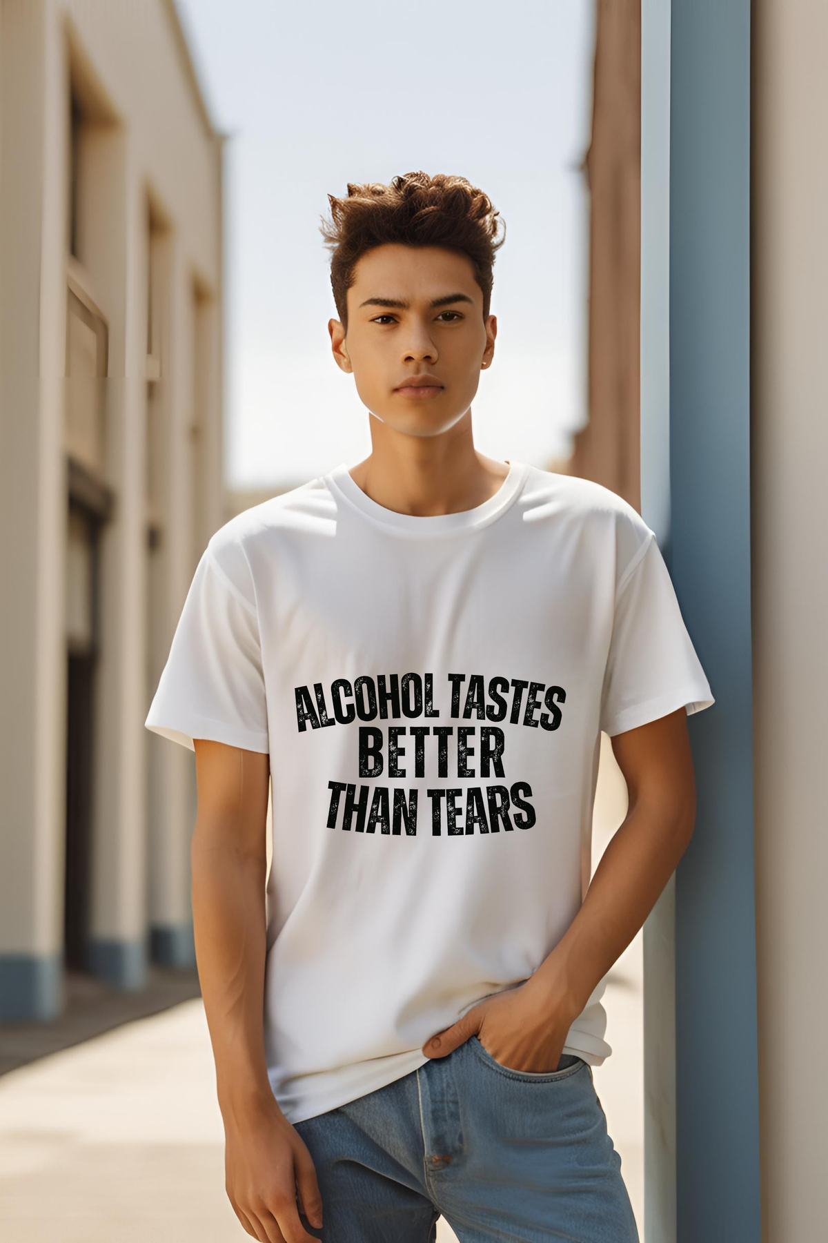 Unisex "Alcohol Tastes Better Than Tears" White Premium Supima T-Shirt