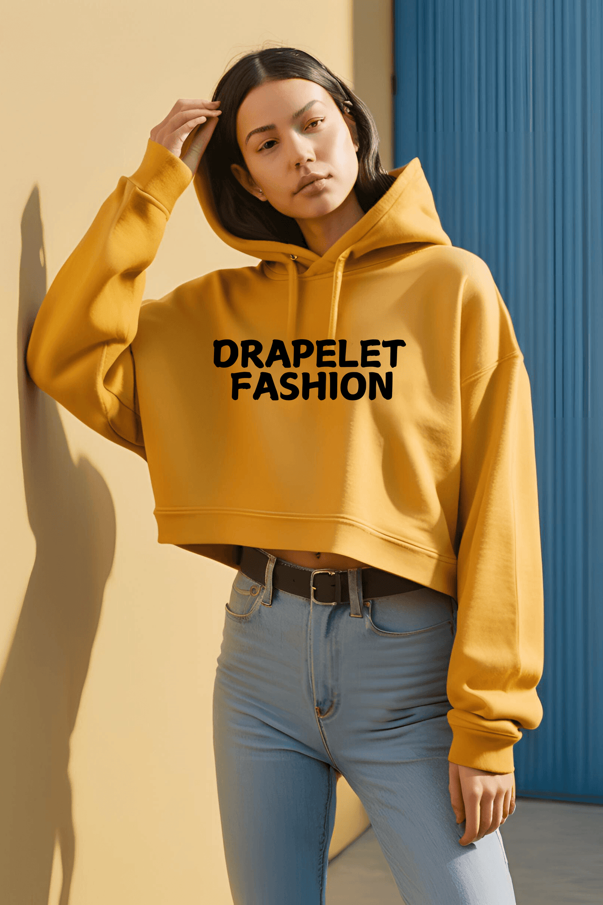 Women's Drapelet Mustard Yellow Crop Hoodie