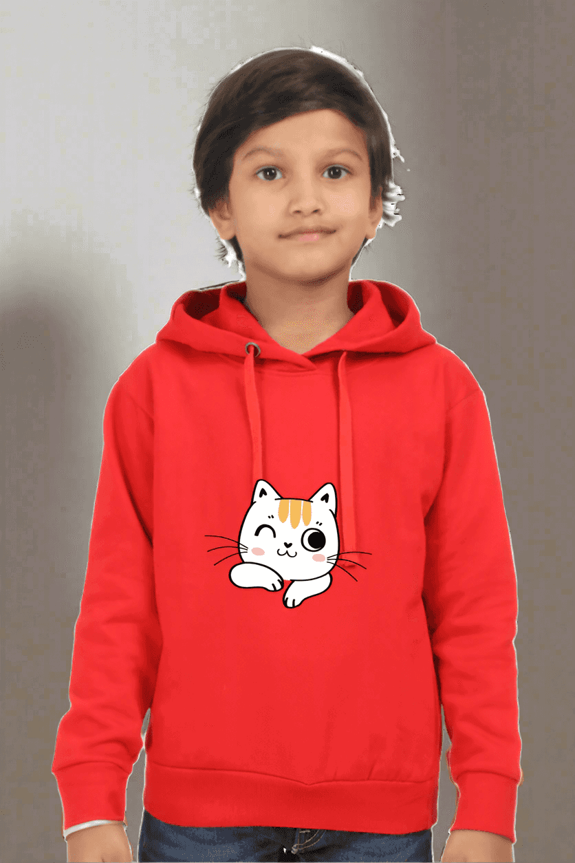 Kids Red Unisex Cat Wink Hooded Sweatshirt - Drapelet