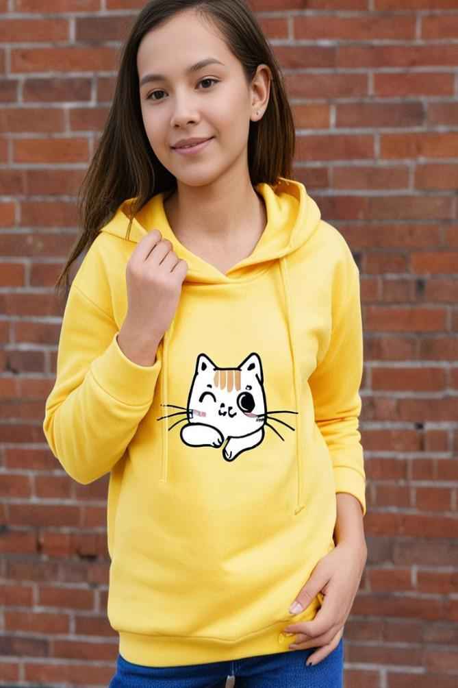 Kids Yellow Unisex Cat Wink Hooded Sweatshirt - Drapelet
