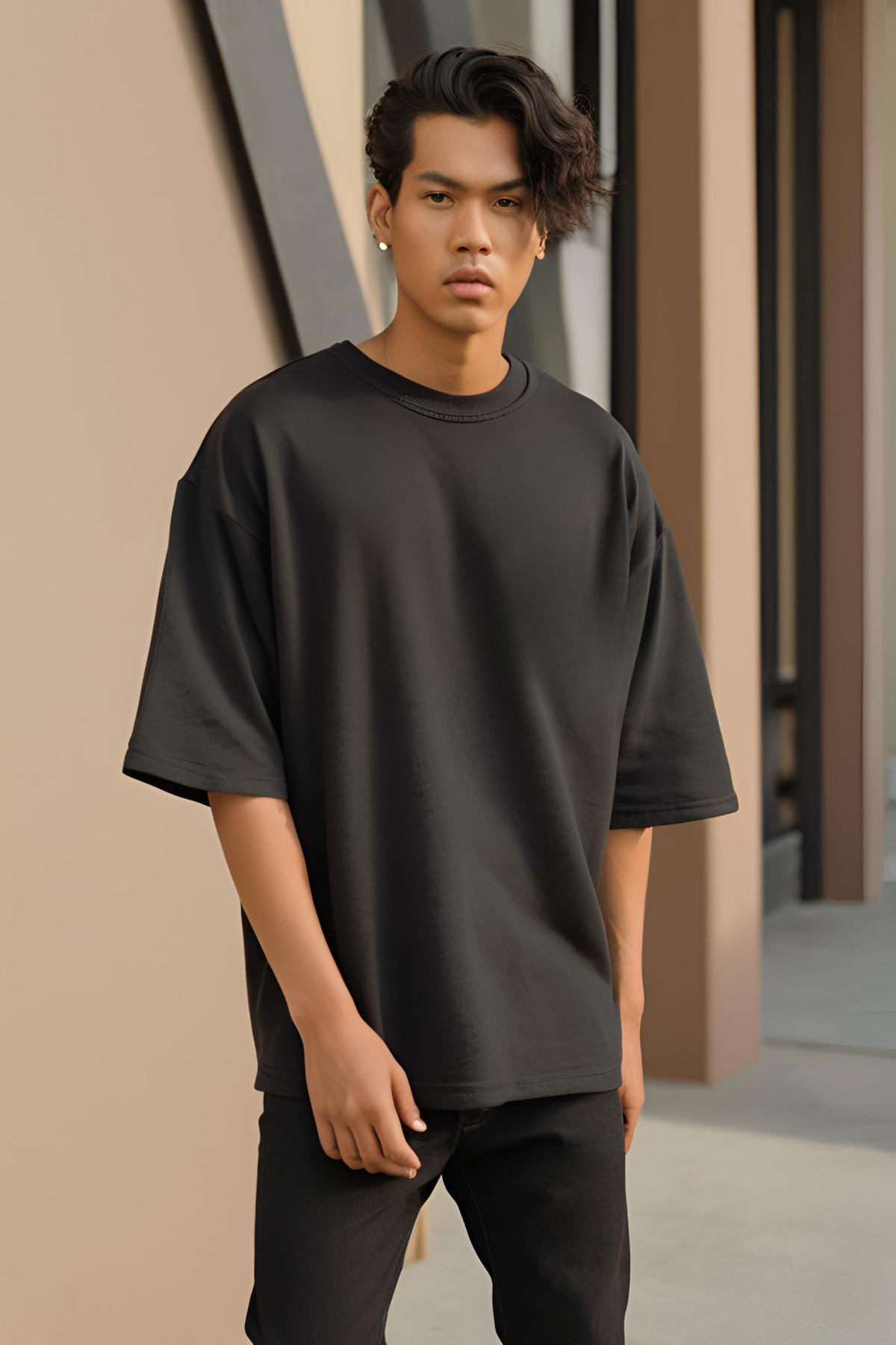 Unisex Plain Black Oversized Terry Cotton Half Sleeve T-shirt