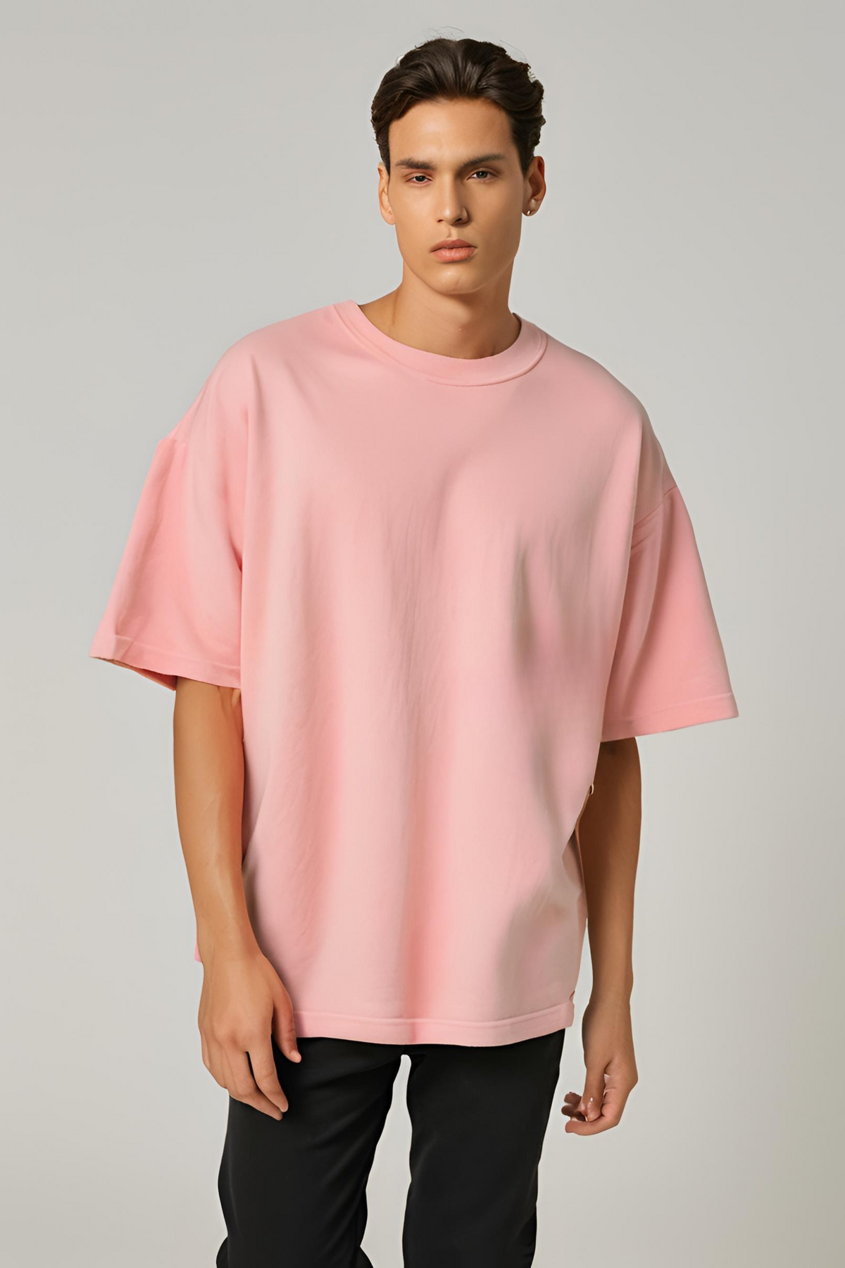 Unisex Plain Flamingo Oversized Terry Cotton Half Sleeve T-shirt