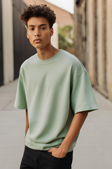 Unisex Plain Jade Oversized Terry Cotton Half Sleeve T-shirt