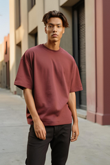 Unisex Plain Maroon Oversized Terry Cotton Half Sleeve T-shirt