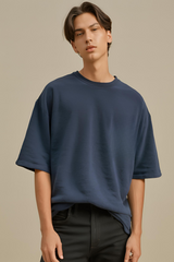 Unisex Plain Navy-Blue Oversized Terry Cotton Half Sleeve T-shirt